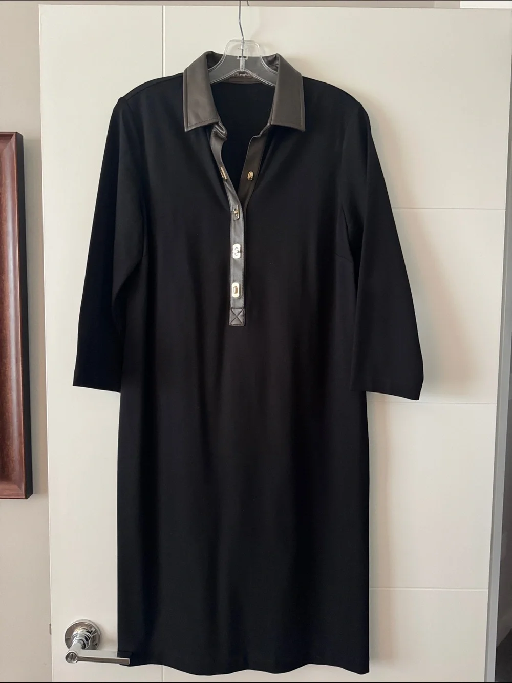 Black Polo-Style Women's Dress with Contrast Leather Collar